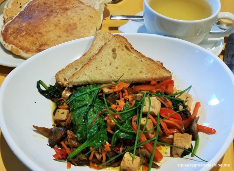 marinated tofu, seasonal vegetables, toast (vegetarian)